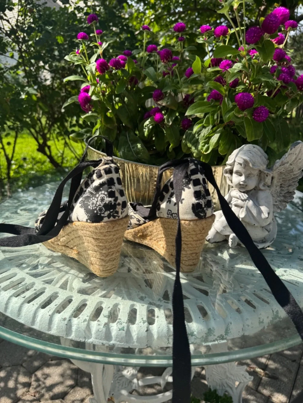 Vintage Montego Bay Club Floral Espadrille Wedges - Black & Cream Lace Up Platfo
